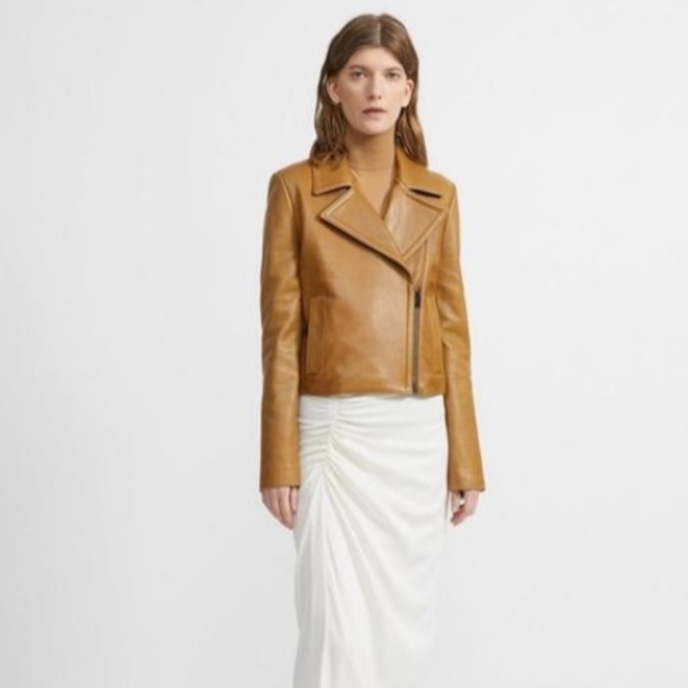 Theory Distressed Tan Leather Jacket Size 0 NWT